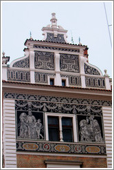 Building with intricate white designs on a black background, corner of Sko&#345;epka and Na Per?t?n&#283;, Star?&#283;sto.