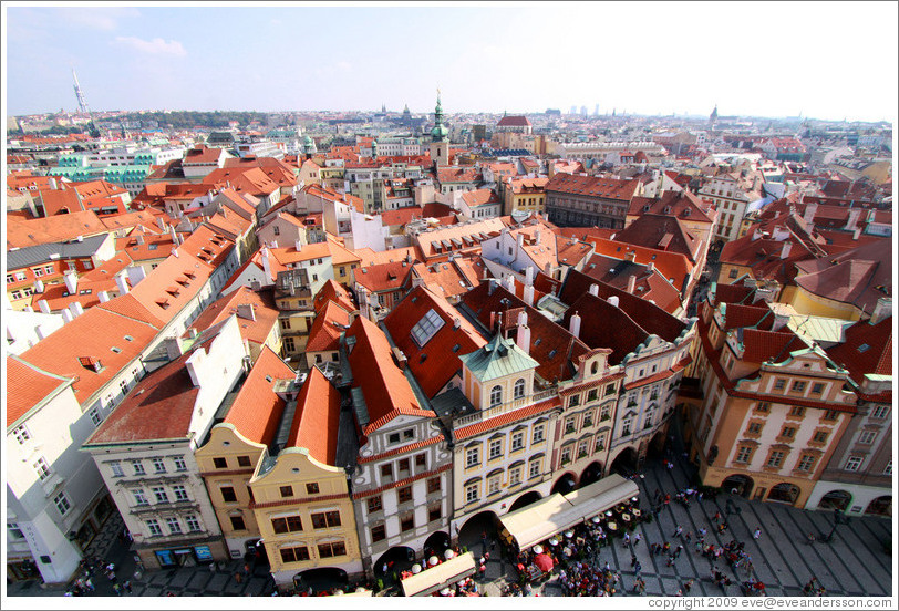View of red-roofed buildings from Old Town Hall (Starom&#283;stsk?adnice), Star?&#283;sto.