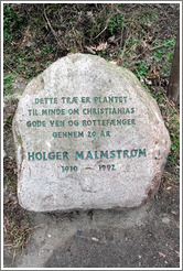 Rock inscribed with "Dette tr?r plantet til minde om Christianias gode ven og rottef?er gennem 20 ? ("This tree planted in memory of Christiania's good friend and pied piper through 20 years").