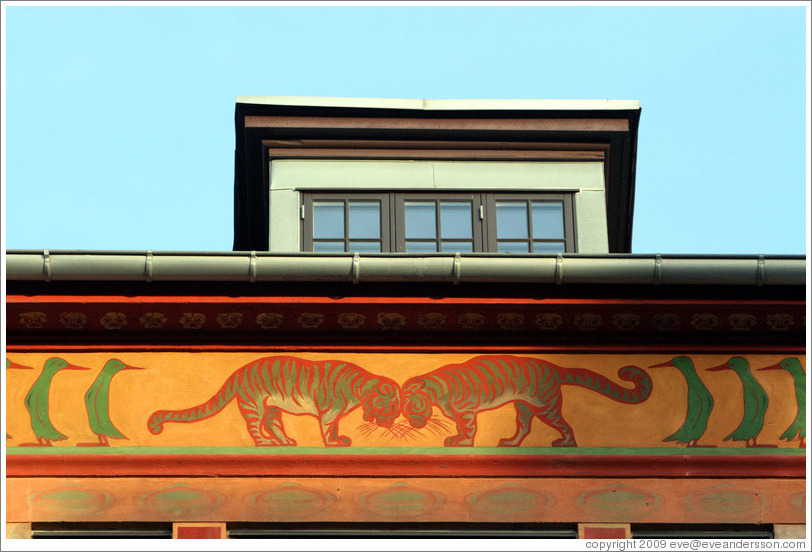 Building detail, with tigers and birds.  Amaliegade, Frederiksstaden district, city centre.