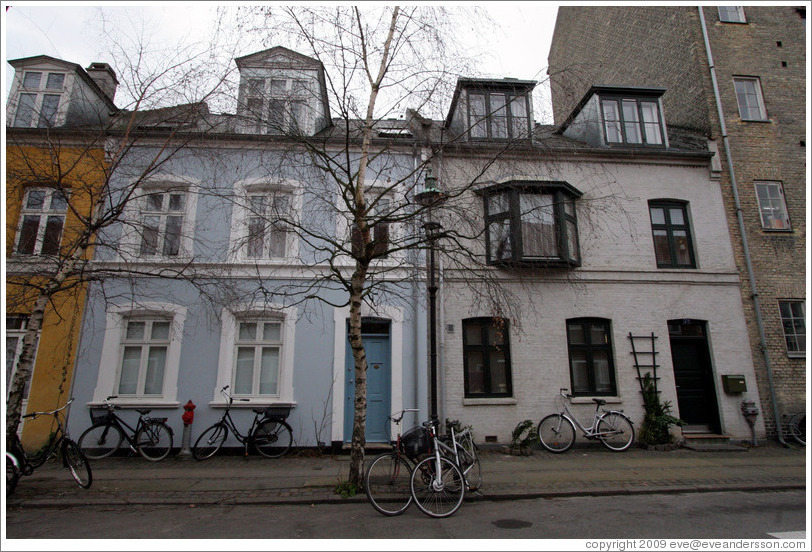 Light blue and grey houses.  Neighborhood near Sankt Pauls Kirke, city centre.