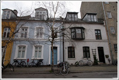 Light blue and grey houses.  Neighborhood near Sankt Pauls Kirke, city centre.