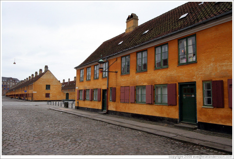 Yellow houses at Oster Voldgade and Suensonsgade.  Nyboder district, city centre.