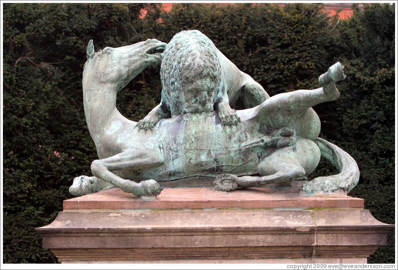 L?ven og Hesten, a statue by Peder Husum.  Portrays a lion devouring a horse.  Kongens Have (King's Gardens).