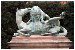 L?ven og Hesten, a statue by Peder Husum.  Portrays a lion devouring a horse.  Kongens Have (King's Gardens).