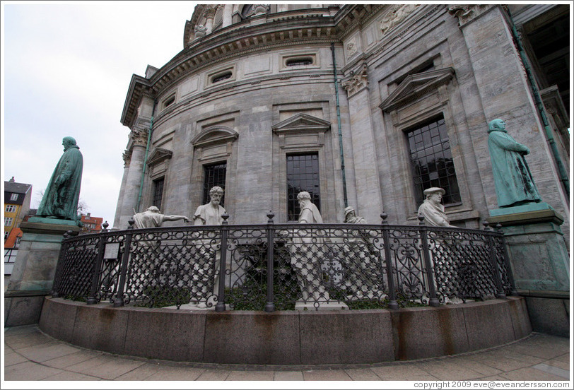 Statues of Johannes D?ber, Elias, Peter, Paulus, Moses, and Martin Luther.  They almost look like kids in a playpen.  Frederiks Kirke, also known as Marmorkirken (Marble Church).