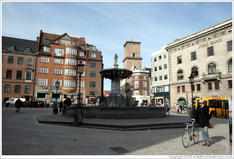 Fountain at Gammeltorv, on the pedestrian street Str?get.  City centre.