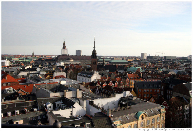 View to the south from Rundetaarn (The Round Tower).  The tower in the center belongs to Helligaandskirken.