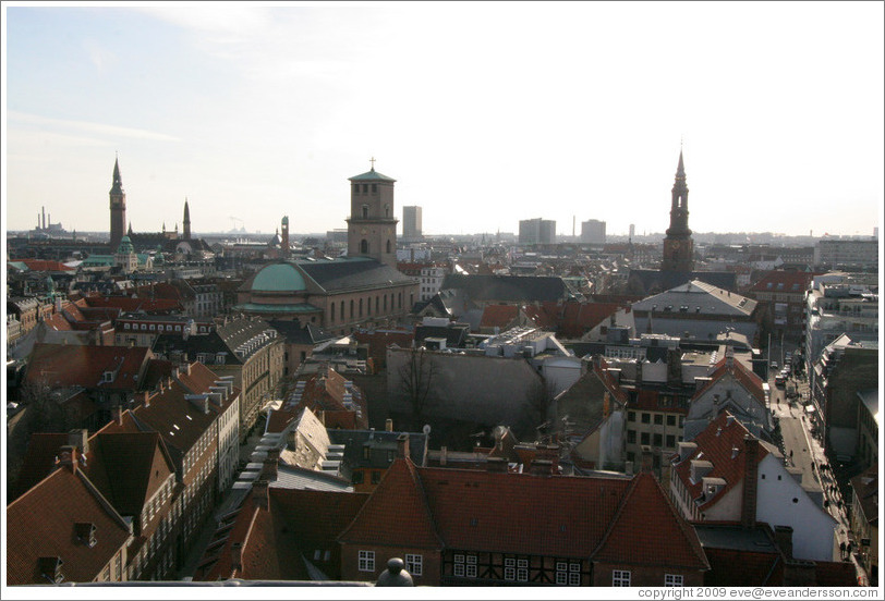 View to the southwest from Rundetaarn (The Round Tower).  The three major skyline features, from left to right, are Radhuset (city hall), Vor Frue Kirke (the Church of Our Lady), and Sankt Petri Kirke.