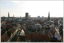 View to the southwest from Rundetaarn (The Round Tower).  The three major skyline features, from left to right, are Radhuset (city hall), Vor Frue Kirke (the Church of Our Lady), and Sankt Petri Kirke.