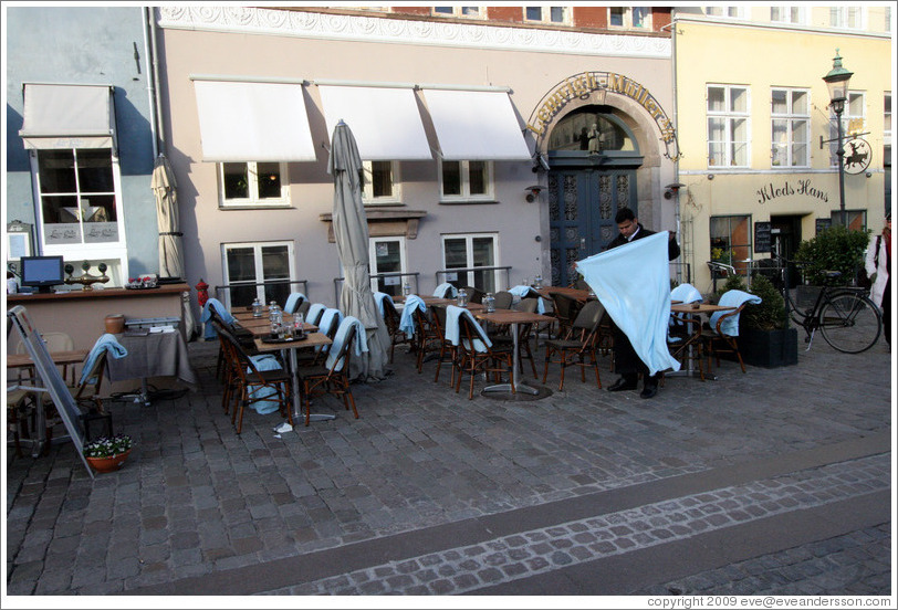 Restaurant with blankets for patrons.  Nyhavn (New Harbor).