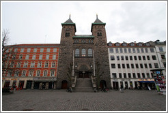 Eliaskirken (Elias Church), flanked by bars.  Versterbro Torv, Vesterbro district.