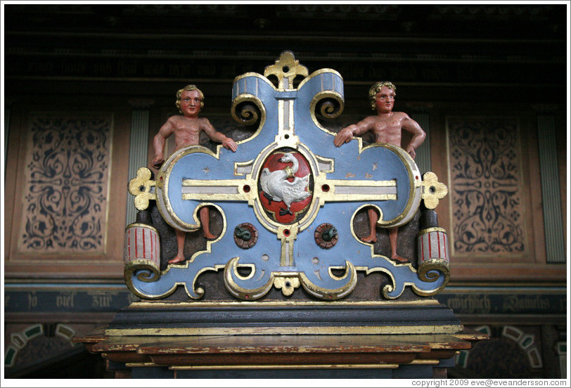 Chapel pew, detail.  Kronborg Castle.  Helsing?r.