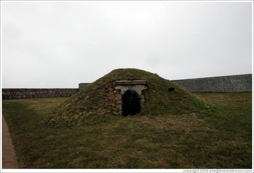 Grassy mound, with door.  Kronborg Castle.  Helsing?r.