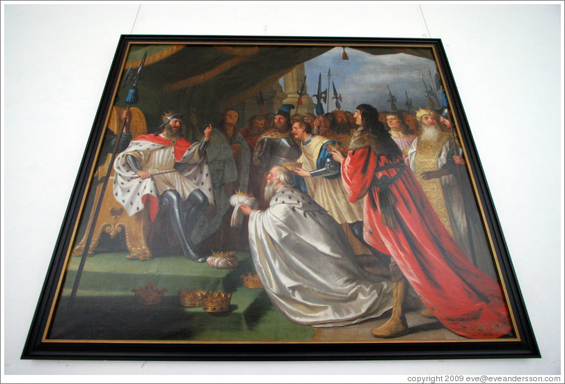 Painting of Frode Fredegod acclaimed by many kings.  Queen's gallery.  Kronborg Castle.  Helsing?r.