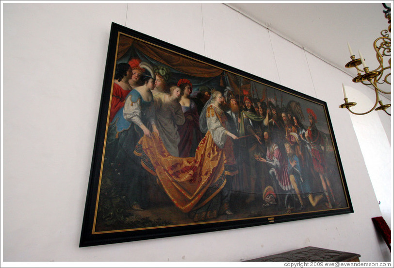 Painting of Margarete I receiving the Swedish crown from King Albrecht.  Queen's gallery.  Kronborg Castle.  Helsing?r.