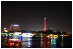 Nile with Cairo Tower in background, at night.