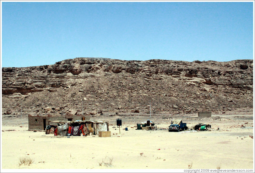 Bedouin dwelling with truck.  Sinai Desert.