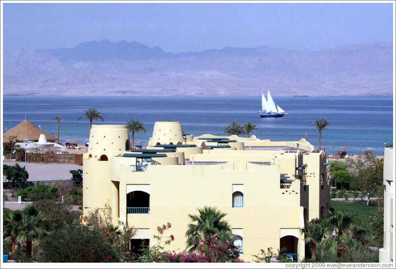 Marriott Hotel, with sailboat and the mountains of Saudi Arabia in the background.