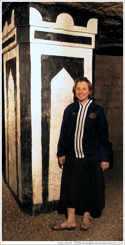 Tracy in the Paris catacombs.