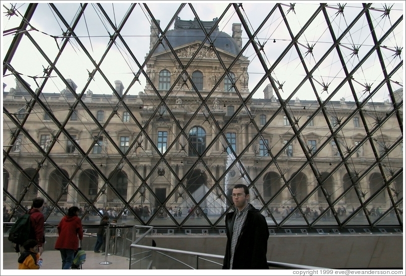 Louvre. Looking out through pyramid entrance.