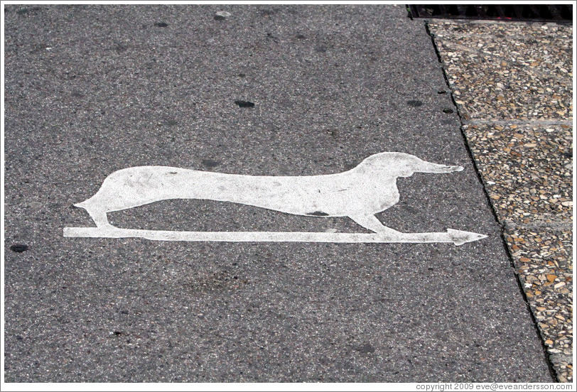 Dog and arrow, painted on the sidewalk.  Corner of Rue des Bagniers and Rue Marius Reynaud.  Old town.