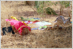 Clothes left on trees and grass to dry by local villagers.