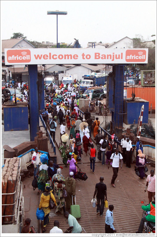 Ferry sign: "Welcome to Banjul".