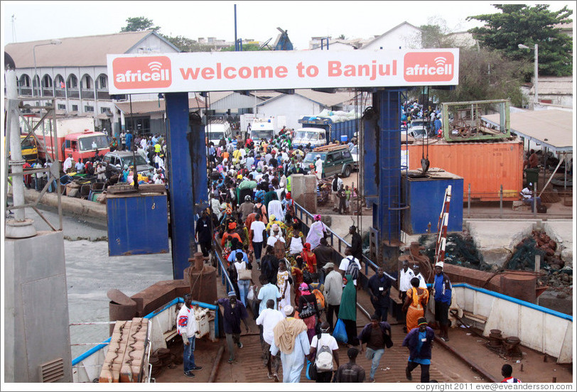 Ferry sign: "Welcome to Banjul".