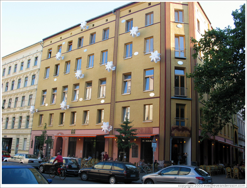 Berlin building decorated with fans.