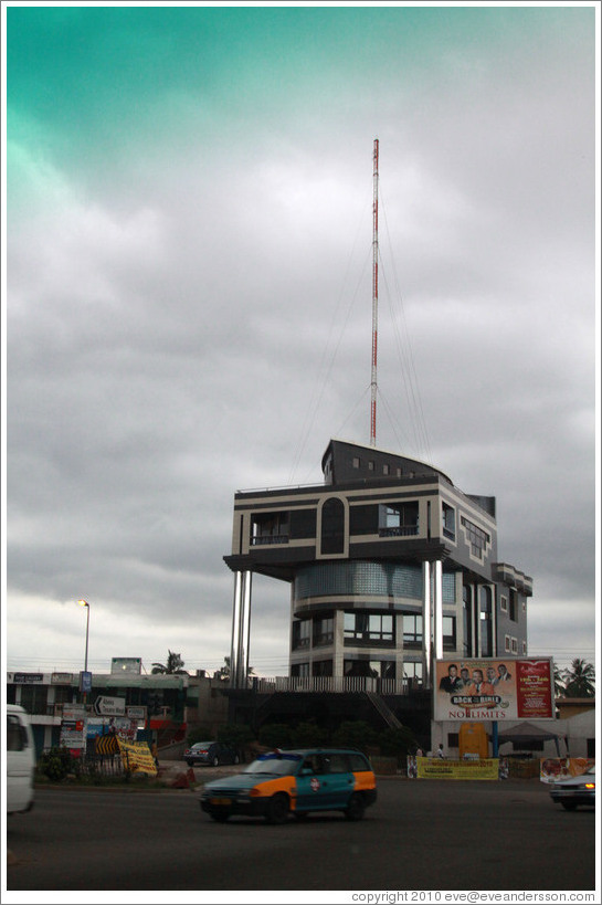 Boat-shaped building housing a radio station.