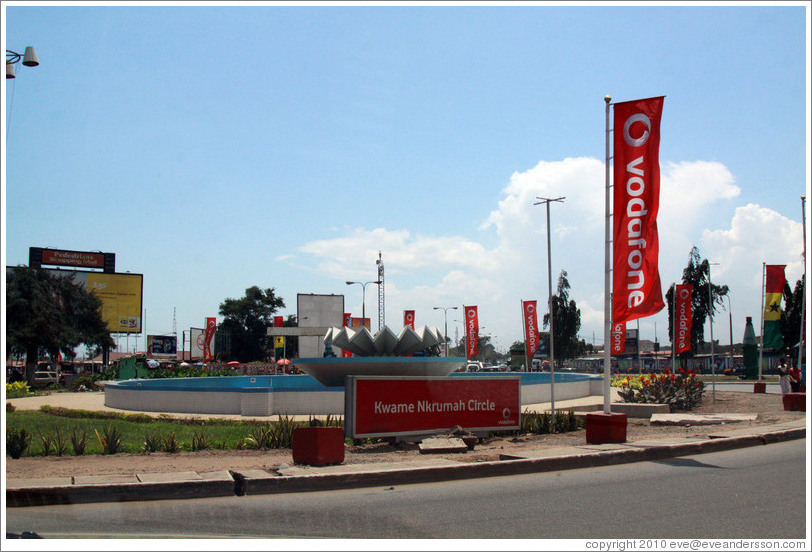 Kwame Nkrumah Circle, full of Vodafone banners.