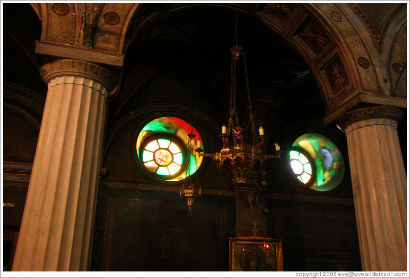 Light shining through stained glass windows.  Church of Aghia Irene (&#913;&#947;&#943;&#945; &#917;&#953;&#961;&#942;&#957;&#951;).