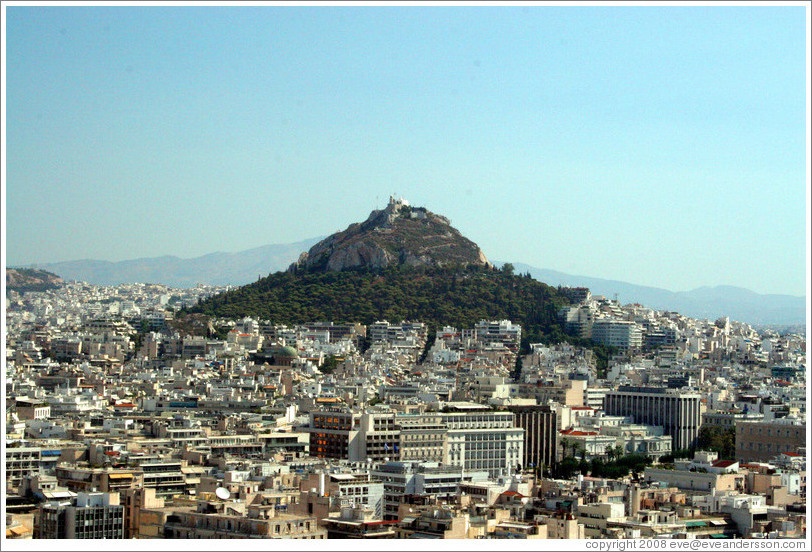 Mount Lycabettus (&#923;&#965;&#954;&#945;&#946;&#951;&#964;&#964;&#972;&#962;), viewed from the Acropolis (&#913;&#954;&#961;&#972;&#960;&#959;&#955;&#951;).