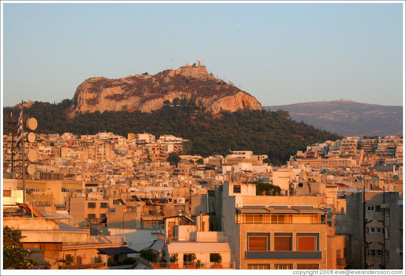 Mount Lycabettus (&#923;&#965;&#954;&#945;&#946;&#951;&#964;&#964;&#972;&#962;), viewed from the rooftop of the Melia Hotel.