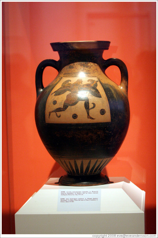 Attic black figure amphora depicting a winged demon from about 570 BC, found in the area of Plato's Academy in Athens.  National Archaeological Museum.