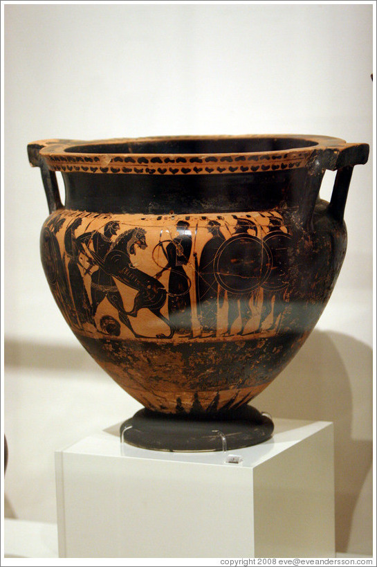 Black figure column krater depicting Herakles and the Nemean Lion from 550-540 BC.  National Archaeological Museum.