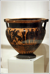 Black figure column krater depicting Herakles and the Nemean Lion from 550-540 BC.  National Archaeological Museum.