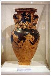 Attic black figure funerary amphora depicting the myth of Perseus beheading Gorgon Medusa from 620-610 BC.  National Archaeological Museum.