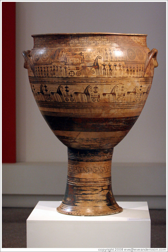 Attic late geometric krater depicting ekphora, the act of carrying a body to its grave, by the Hirshfeld painter, created between 750-735 BC.  National Archaeological Museum.