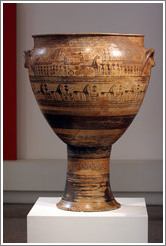 Attic late geometric krater depicting ekphora, the act of carrying a body to its grave, by the Hirshfeld painter, created between 750-735 BC.  National Archaeological Museum.