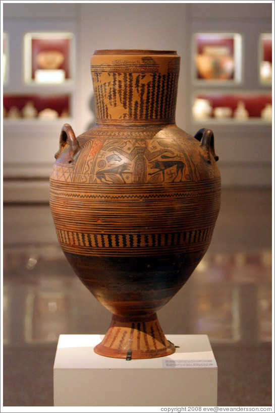 Boeotian pithos amphora depicting lions eating birds, pigs, and cows from 680-670 BC.  National Archaeological Museum.