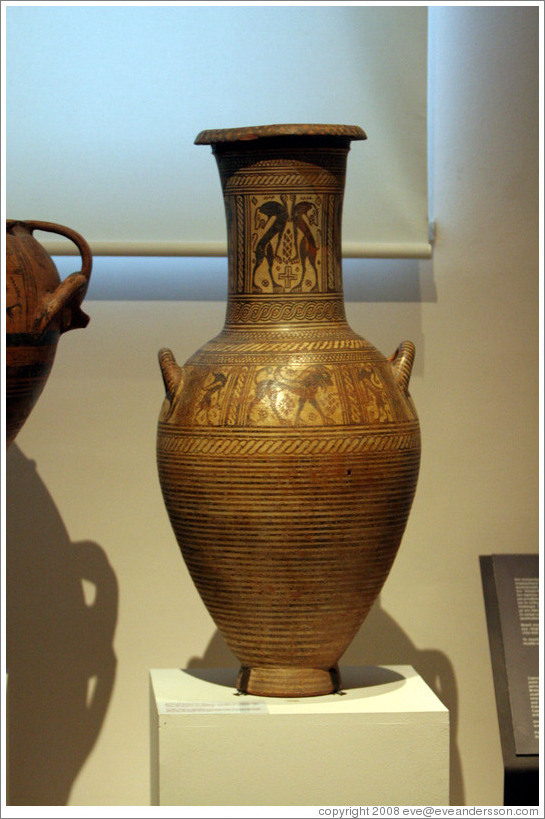 Naxion amphora depicting heraldic lions and mythical animals from early 7th century BC.  National Archaeological Museum.