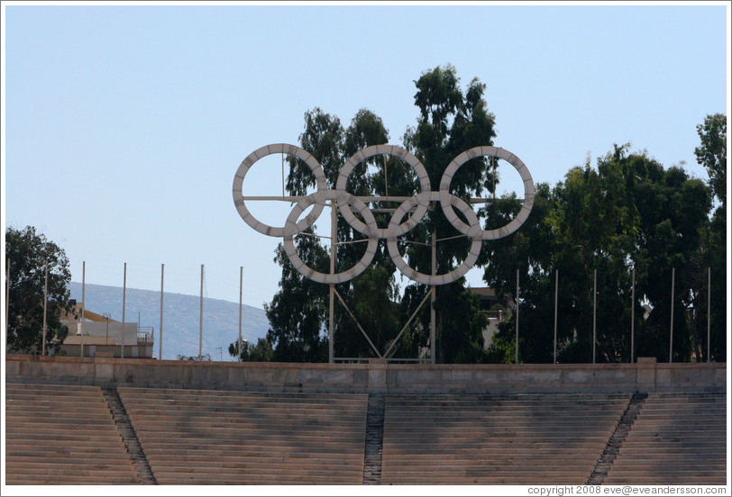 Olympic logo at the Panathinaiko (&#928;&#945;&#957;&#945;&#952;&#951;&#957;&#945;&#970;&#954;&#972;) Stadium, where the first modern Olympics were held in 1896.