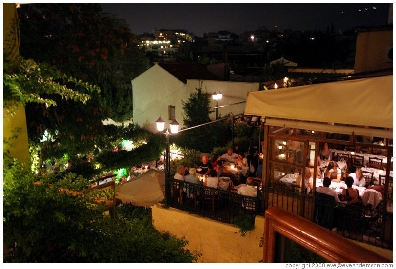 Restaurants at night in Plaka (&#928;&#955;&#940;&#954;&#945;), an old neighborhood in Athens.