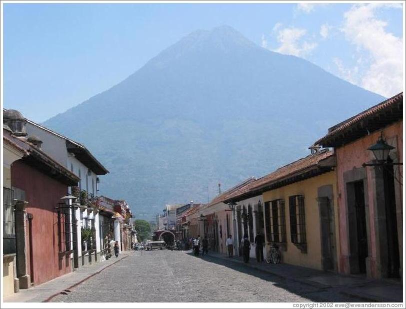 Antigua, Guatemala.  5a Avenida with Volcan Agua in the background