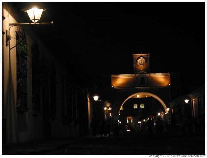 Antigua, Guatemala.  El Arco at night.