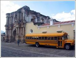 Ruins and school bus.