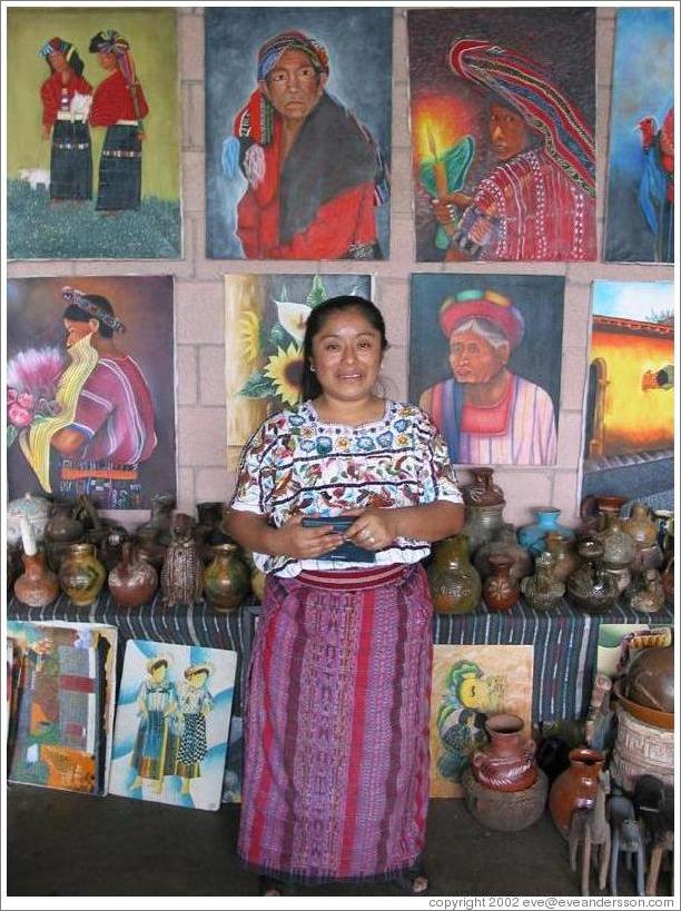 Woman selling artwork in Panajachel from Santiago (across the lake).