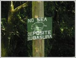 Sign: "Don't be a pig.  Throw away your garbage."  Lanqu&iacute;n caves.